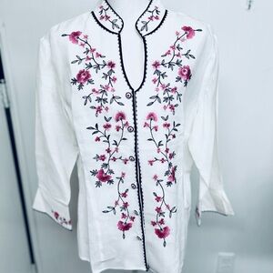 Ann Carson Linen Floral Embroidered White Blouse size XL